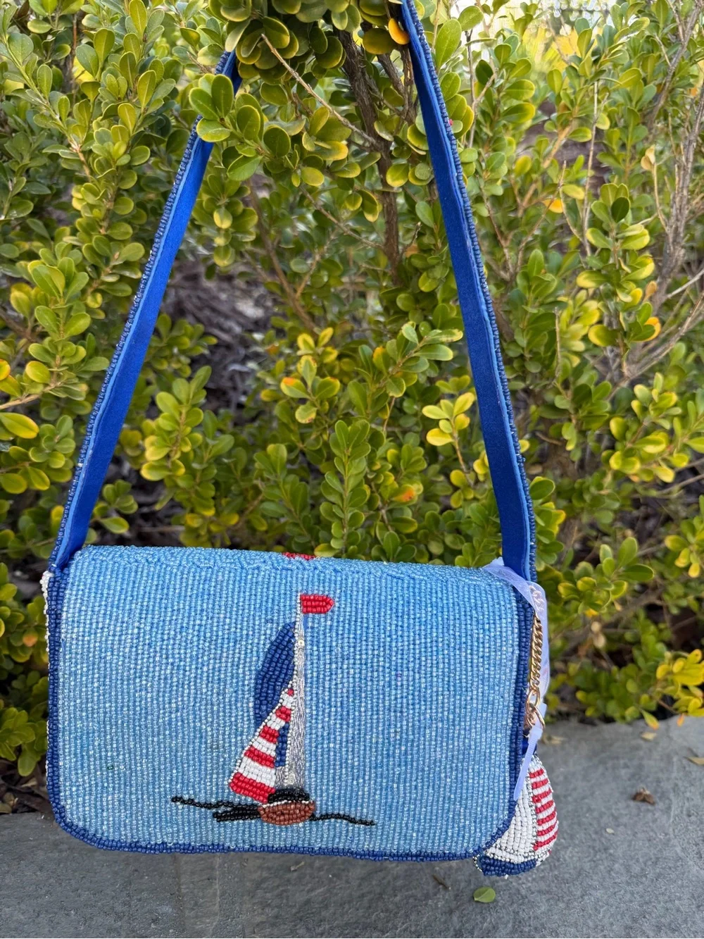 NWT Viral Beaded Shoulder Bag Sailboats Ocean Coastal Nautical Summer Fashion